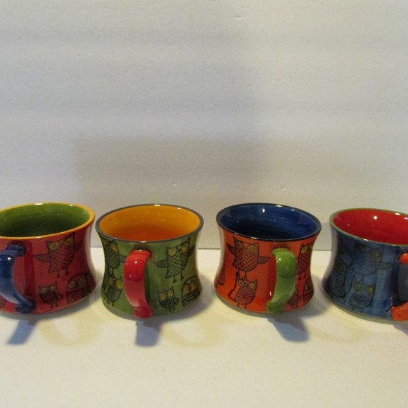 set of 4 stacking colorful owl mugs Pier 1 coffee cups - Picture 4 of 9